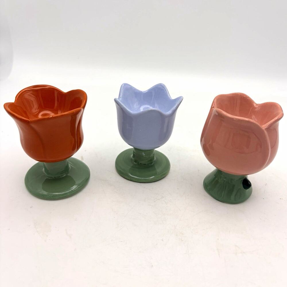 Set of 3 Ceramic Tulip Flower Egg Cups, Multicolor Glossy Pedestal Holders